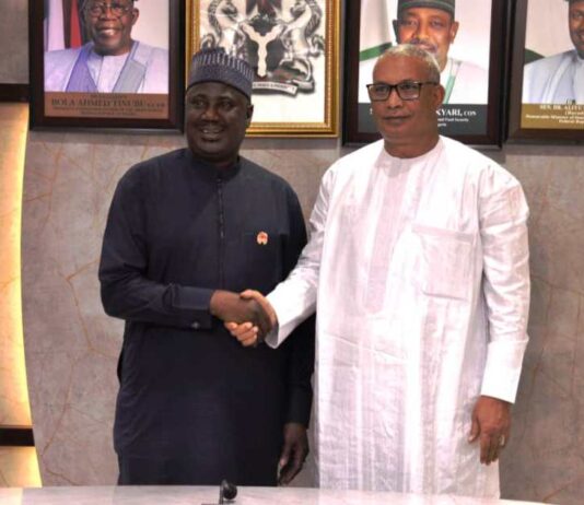 L-R, the Minister of State for Agriculture and Food Security, Sen Dr Aliyu Sabi Abdullahi and Executive Secretary, CILSS, Abdoulaye Mahamadou during the couresty visit.