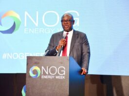 Honourable Minister of State Petroleum Resources (Oil), Sen. Heineken Lokpobiri, PhD delivering his address at the opening ceremony of 2025 NOG Energy Week.