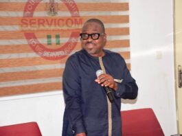 The Acting National Coordinator SERVICOM Presidency, Mr. Anthony Oshin, addressing the Council of Nodal Officers during the 2nd quarter Break Fast meeting.