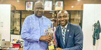 Presentation of the Trophy and Certificate of Merit won by Team Humanitarian as the Second Best KITTED at the July 2025 Edition of Keep fit Aerobics Exercise held at the Moshood Abiola National Stadium, Abuja. The presentation was made to the Permanent Secretary Federal Ministry of Humanitarian Affairs and Poverty Reduction, Dr Yakubu Adam Kofarmata, by the Director Humanitarian Resource Management of the Ministry, Onyia- Daisy CH, accompanied by the Sport Manager, kazeem Adenekan and other team members.