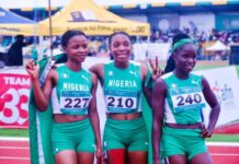 Triple media; Nigeria, Ezechukwu Miracle, (middle) Gold, Nwankwo Rosemary CHigozie (left) Silva, and Sigah Perezide Bronze at the 400 meters women under 18 at the final of CAA African Championship, at MKO Abiola Sports Arena, Abeokuta Ogun State.