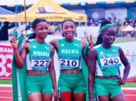 Triple media; Nigeria, Ezechukwu Miracle, (middle) Gold, Nwankwo Rosemary CHigozie (left) Silva, and Sigah Perezide Bronze at the 400 meters women under 18 at the final of CAA African Championship, at MKO Abiola Sports Arena, Abeokuta Ogun State.