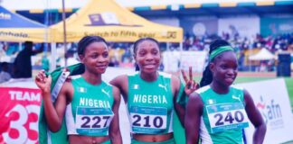 Triple media; Nigeria, Ezechukwu Miracle, (middle) Gold, Nwankwo Rosemary CHigozie (left) Silva, and Sigah Perezide Bronze at the 400 meters women under 18 at the final of CAA African Championship, at MKO Abiola Sports Arena, Abeokuta Ogun State.