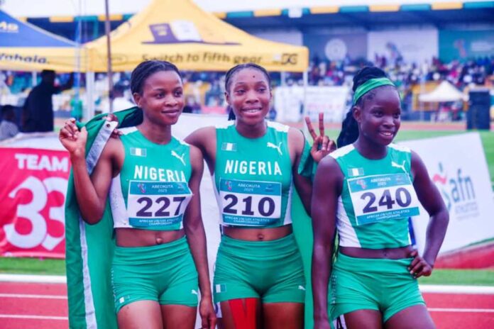 Third African Championship Triple media; Nigeria, Ezechukwu Miracle, (middle) Gold, Nwankwo Rosemary CHigozie (left) Silva, and Sigah Perezide Bronze at the 400 meters women under 18 at the final of CAA African Championship, at MKO Abiola Sports Arena, Abeokuta Ogun State.