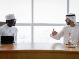 L-R: The Honourable Minister of Youth Development, Comrade Ayodele Olawande, and His Excellency Omar Al Olama, UAE Minister for Artificial Intelligence, Digital Economy, and Remote Work Applications, in discussion on potential collaborations in AI education, business process outsourcing (BPO), startup incubation, and remote work innovations, all key sectors for youth employment and Nigeria’s digital transformation, during the Minister's official visit to the United Arab Emirates.
