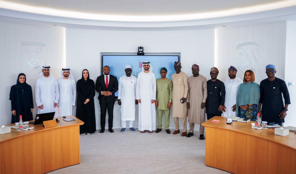 The Honourable Minister of Youth Development, Comrade Ayodele Olawande, in a group photograph with His Excellency Omar Al Olama, UAE Minister for Artificial Intelligence, Digital Economy, and Remote Work Applications, alongside senior management staff of the Ministry and the UAE delegation.