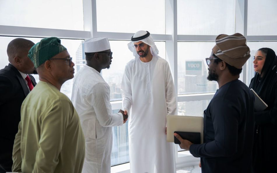 His Excellency Omar Al Olama, UAE Minister for Artificial Intelligence, Digital Economy, and Remote Work Applications, receiving the Honourable Minister of Youth Development, Comrade Ayodele Olawande, and the Permanent Secretary of the Ministry during a courtesy visit.