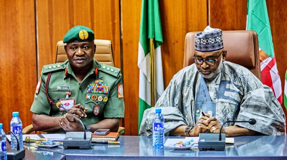R-L: the Minister of State Regional Development, Uba Maigari Ahmadu and Chief of Defence Staff, General Christopher Musa during a courtesy visit in Abuja