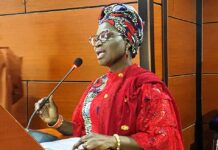 The Director of Information and Public Relations, Omolara Esan, delivers a speech on behalf of the Honourable Minister of Youth Development, Comrade Ayodele Olawande, during the unveiling ceremony of the maiden edition of a magazine published by Nigerian First Vanguards Limited.