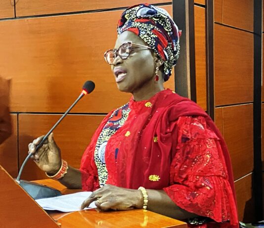 The Director of Information and Public Relations, Omolara Esan, delivers a speech on behalf of the Honourable Minister of Youth Development, Comrade Ayodele Olawande, during the unveiling ceremony of the maiden edition of a magazine published by Nigerian First Vanguards Limited.