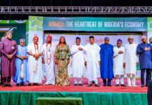 Vice President Kashim Shettima (middle); Ondo State Governor, Mr Lucky Aiyedatiwa (6th from left); First Lady of Ondo State, Mrs Oluwaseun Aiyedatiwa (5th from left); Ooni of Ife, His Imperial Majesty, Oba Adeyeye Enitan Ogunwusi (4th from left); Deji of Akure, Oba Aladetoyinbo Ogunlade Aladelusi, Odundun II (3rd from left); Chairman of the Ondo State Council of Traditional Rulers, the Olowo of Owo, Oba Ajibade Gbadegesin Ogunoye III (2nd from left); Special Adviser to the President on Economic Matters, Dr. Tope Fasua (far left); Governor of Ekiti State, Biodun Oyebanji (4th from right); Deputy Governor of Ondo State, Dr. Olayide Adelami (3rd from right); Senator Representing Osun East Senatorial District, Fadahunsi Francis Adenigba (2nd from right); and Special Adviser to the President on Job Creation and MSME, Mr Temitola Adekunle-Johnson (far right), during the launch of the 7th Expanded National MSME Clinics in Akure, Ondo State, on Tuesday (5/08/2025).
