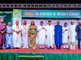 Vice President Kashim Shettima (middle); Ondo State Governor, Mr Lucky Aiyedatiwa (6th from left); First Lady of Ondo State, Mrs Oluwaseun Aiyedatiwa (5th from left); Ooni of Ife, His Imperial Majesty, Oba Adeyeye Enitan Ogunwusi (4th from left); Deji of Akure, Oba Aladetoyinbo Ogunlade Aladelusi, Odundun II (3rd from left); Chairman of the Ondo State Council of Traditional Rulers, the Olowo of Owo, Oba Ajibade Gbadegesin Ogunoye III (2nd from left); Special Adviser to the President on Economic Matters, Dr. Tope Fasua (far left); Governor of Ekiti State, Biodun Oyebanji (4th from right); Deputy Governor of Ondo State, Dr. Olayide Adelami (3rd from right); Senator Representing Osun East Senatorial District, Fadahunsi Francis Adenigba (2nd from right); and Special Adviser to the President on Job Creation and MSME, Mr Temitola Adekunle-Johnson (far right), during the launch of the 7th Expanded National MSME Clinics in Akure, Ondo State, on Tuesday (5/08/2025).