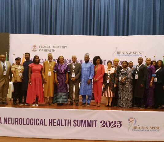 @ The First African Neurological Health Summit held at the Shehu Musa Yar'Adua Centre, Abuja. A collaborative effort between the Federal Ministry of Health & Social Welfare and, Brain & Spine Foundation Africa. Wearing Blue apparel: Dr. Tunde Ojo, representing the Coordinating Minister for Health & Social Welfare at the event.