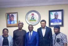 L-R - Mrs Adebusola Ajiboye (Head Efficiency Unit), Gbemiga Delano (GMD, Manifold Enterprise Solutions), Mr .Raymond Omenka Omachi (Permanent Secretary, Special Duties, Federal Ministry of Finance), lniabasi Akpan (CEO, Manifold Enterprise Solutions), Mr. Ayodeji Odusote ( Special Adviser to the Minister on ICT) in a group photograph shortly after the meeting with the stakeholders held at the Federal Ministry of Finance Headquarters, Abuja