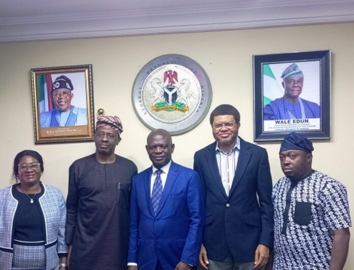 L-R - Mrs Adebusola Ajiboye (Head Efficiency Unit), Gbemiga Delano (GMD, Manifold Enterprise Solutions), Mr .Raymond Omenka Omachi (Permanent Secretary, Special Duties, Federal Ministry of Finance), lniabasi Akpan (CEO, Manifold Enterprise Solutions), Mr. Ayodeji Odusote ( Special Adviser to the Minister on ICT) in a group photograph shortly after the meeting with the stakeholders held at the Federal Ministry of Finance Headquarters, Abuja