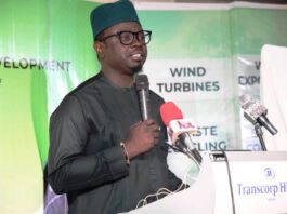 The Honourable Minister of Youth Development, Comrade Ayodele Olawande, delivering his keynote address at the launch of the Circular Economy Youth Empowerment Initiative (CEYEI).