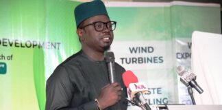 The Honourable Minister of Youth Development, Comrade Ayodele Olawande, delivering his keynote address at the launch of the Circular Economy Youth Empowerment Initiative (CEYEI).