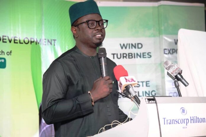 The Honourable Minister of Youth Development, Comrade Ayodele Olawande, delivering his keynote address at the launch of the Circular Economy Youth Empowerment Initiative (CEYEI).