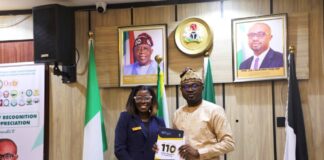 R-L: The Minister of Interior, Dr. Olubunmi Tunji-Ojo and the President of JCI, Oluwatoyin Atanda during the Courtesy visit at the Ministry.