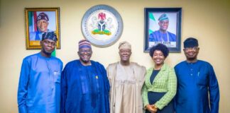 FROM LEFT TO RIGHT 1. Prince Dapo Adelegan: Chair, Strategic NACCIMA 2. Jani Ibrahim : National President, NACCIMA 3. Wale Edun: Honourable Minister of Finance and Coordinating Minister of the Economy 4. Mo Olumide Obidiran: DDG, NASSI 5. Mr Sola Obadimu :DG NACCIMA