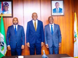 L-R 1. The Executive Chairman, Federal Inland Revenue Service (FIRS), Dr Zacch Adedeji 2. The Governor of the Central Bank of Nigeria (CBN), Mr Olayemi Cardoso, and 3. The Honourable Minister of Finance and Coordinating Minister of the Economy Mr Wale Edun in a group photograph shortly after the meeting with the Governor of the Central Bank of Nigeria held at the CBN Headquarters, Abuja, today