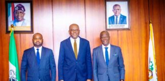 L-R 1. The Executive Chairman, Federal Inland Revenue Service (FIRS), Dr Zacch Adedeji 2. The Governor of the Central Bank of Nigeria (CBN), Mr Olayemi Cardoso, and 3. The Honourable Minister of Finance and Coordinating Minister of the Economy Mr Wale Edun in a group photograph shortly after the meeting with the Governor of the Central Bank of Nigeria held at the CBN Headquarters, Abuja, today