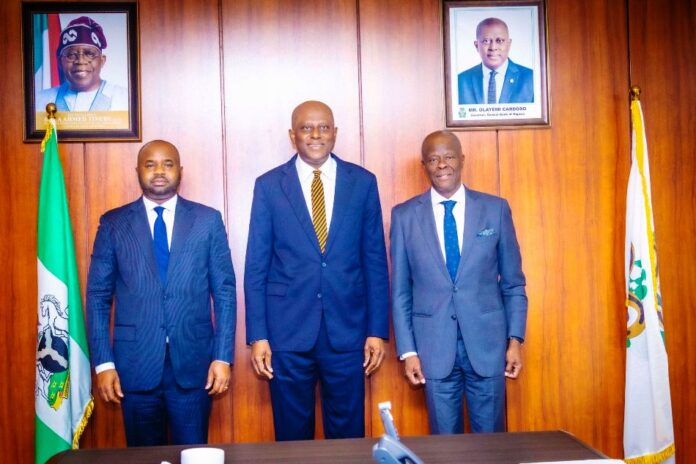 L-R 1. The Executive Chairman, Federal Inland Revenue Service (FIRS), Dr Zacch Adedeji 2. The Governor of the Central Bank of Nigeria (CBN), Mr Olayemi Cardoso, and 3. The Honourable Minister of Finance and Coordinating Minister of the Economy Mr Wale Edun in a group photograph shortly after the meeting with the Governor of the Central Bank of Nigeria held at the CBN Headquarters, Abuja, today