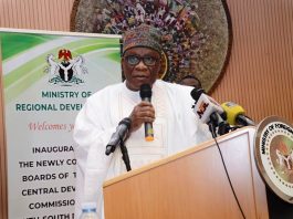 The Hon. Minister, Ministry of Regional Development, Egnr. Abubakar Momoh delivering his speech during the inauguration of the newly appointed Governing Boards and Management Teams of the North Central, South South and South West Deplopment Commissions, performed today 28th August, 2025 in Abuja
