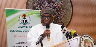 The Hon. Minister, Ministry of Regional Development, Egnr. Abubakar Momoh delivering his speech during the inauguration of the newly appointed Governing Boards and Management Teams of the North Central, South South and South West Deplopment Commissions, performed today 28th August, 2025 in Abuja