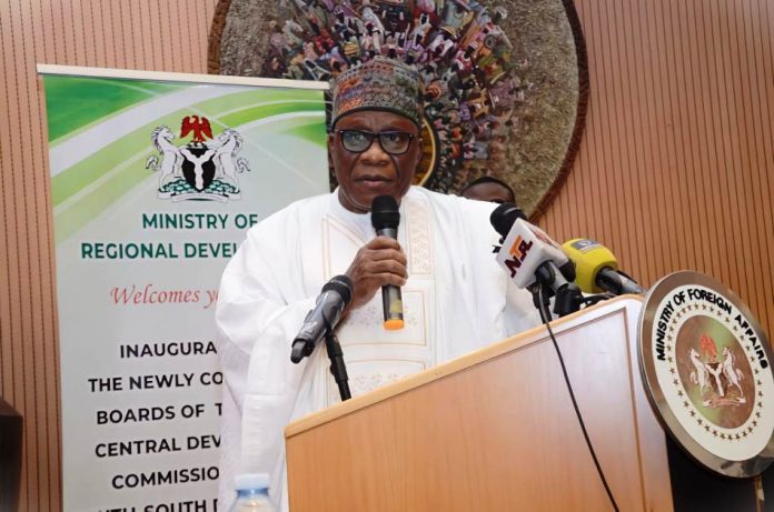 Egnr. Abubakar Momoh The Hon. Minister, Ministry of Regional Development, Egnr. Abubakar Momoh delivering his speech during the inauguration of the newly appointed Governing Boards and Management Teams of the North Central, South South and South West Deplopment Commissions, performed today 28th August, 2025 in Abuja