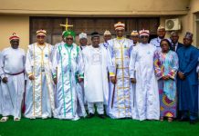 Secretary to the Government of the Federation, Sen. George Akume, fnim, CON, receives in audience members of the Eternal Sacred Order of Cherubim and Seraphim (ESOCS) led by His Most Eminence, Baba Aladura David Bob-Manuel, on Monday, 25th August, 2025 in Abuja.