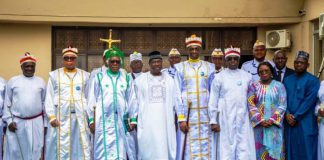 Secretary to the Government of the Federation, Sen. George Akume, fnim, CON, receives in audience members of the Eternal Sacred Order of Cherubim and Seraphim (ESOCS) led by His Most Eminence, Baba Aladura David Bob-Manuel, on Monday, 25th August, 2025 in Abuja.