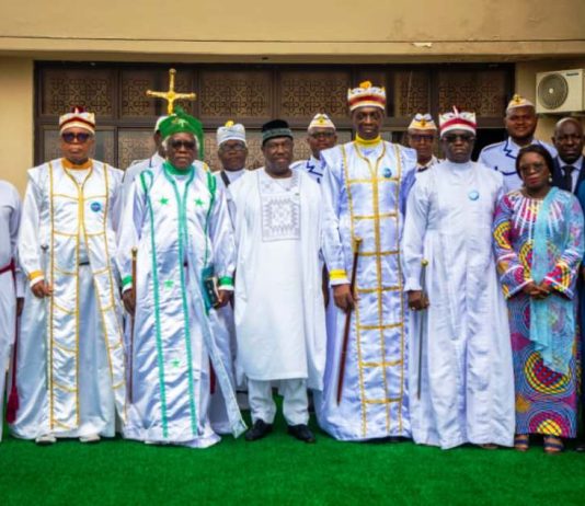 Secretary to the Government of the Federation, Sen. George Akume, fnim, CON, receives in audience members of the Eternal Sacred Order of Cherubim and Seraphim (ESOCS) led by His Most Eminence, Baba Aladura David Bob-Manuel, on Monday, 25th August, 2025 in Abuja.