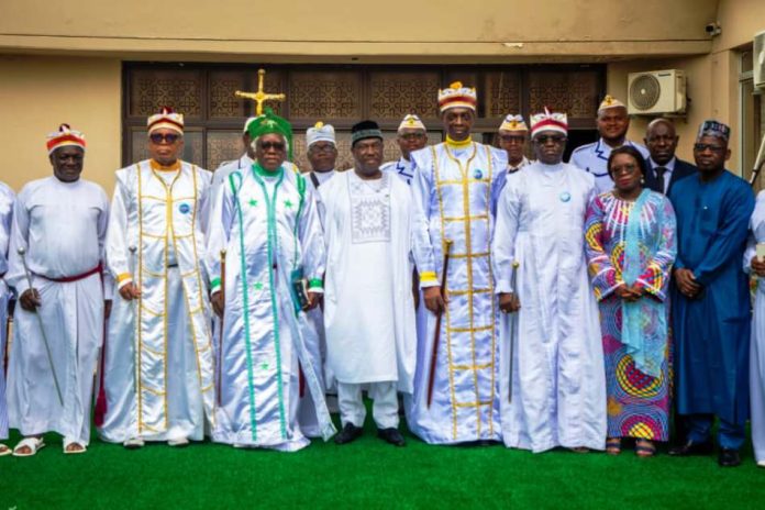 Eternal Sacred Order of Cherubim and Seraphim (ESOCS) Secretary to the Government of the Federation, Sen. George Akume, fnim, CON, receives in audience members of the Eternal Sacred Order of Cherubim and Seraphim (ESOCS) led by His Most Eminence, Baba Aladura David Bob-Manuel, on Monday, 25th August, 2025 in Abuja.