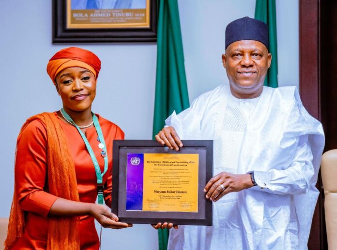 R-L: Vice President Kashim Shettima with the newly appointed United Nations Global Advocate for Peace, Maryam Bukar Hassan, during a meeting at the Presidential Villa, Abuja, on Monday (11/08/2025)