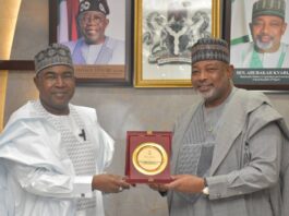 L -R, the Chairman/ Chief Executive Officer, NDLEA, Brig.Gen Buba Marwa and Minister of Agriculture and Food Security, Sen Abubakar Kyari during the courtesy visit in Abuja.