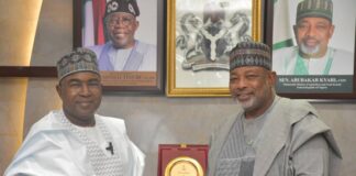 L -R, the Chairman/ Chief Executive Officer, NDLEA, Brig.Gen Buba Marwa and Minister of Agriculture and Food Security, Sen Abubakar Kyari during the courtesy visit in Abuja.