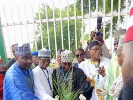 L-R: Permanent Secretary, Ministry of Environment Mahmud Adam Kambari; director general of National Agency for the Great Green Wall (NAGGW), Saleh Abubakar; deputy governor of Jigawa State, Aminu Usman Gumel and Jigawa State commissioner of Environment, Dr. Nura Ibrahim Doka, during the formal flag-off for the planting of 50 million date plantation as part of activities marking 10-year anniversary of the NAGGW, in Dutse, Jigawa state.