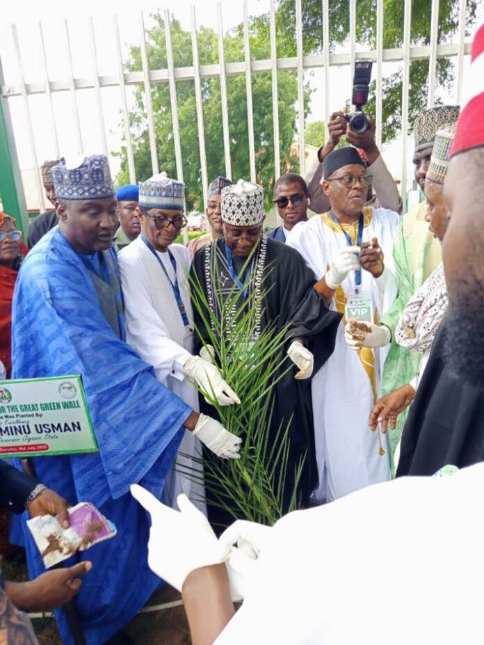 L-R: Permanent Secretary, Ministry of Environment Mahmud Adam Kambari; director general of National Agency for the Great Green Wall (NAGGW), Saleh Abubakar; deputy governor of Jigawa State, Aminu Usman Gumel and Jigawa State commissioner of Environment, Dr. Nura Ibrahim Doka, during the formal flag-off for the planting of 50 million date plantation as part of activities marking 10-year anniversary of the NAGGW, in Dutse, Jigawa state.