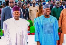 Left - Right; The Representative of the President, Vice President Kashim Shettima; the Honourable Minister of Steel Development, Prince Shuaibu Abubakar Audu at the Maiden Edition of the National Steel Summit holding at the NAF Conference Center Jahi Abuja.