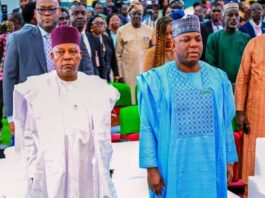 Left - Right; The Representative of the President, Vice President Kashim Shettima; the Honourable Minister of Steel Development, Prince Shuaibu Abubakar Audu at the Maiden Edition of the National Steel Summit holding at the NAF Conference Center Jahi Abuja.