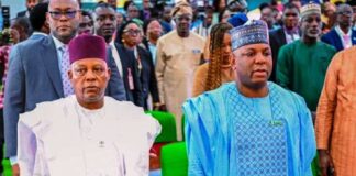Left - Right; The Representative of the President, Vice President Kashim Shettima; the Honourable Minister of Steel Development, Prince Shuaibu Abubakar Audu at the Maiden Edition of the National Steel Summit holding at the NAF Conference Center Jahi Abuja.