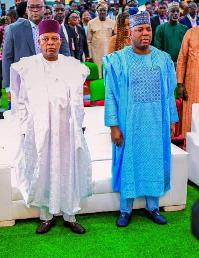 Left - Right; The Representative of the President, Vice President Kashim Shettima; the Honourable Minister of Steel Development, Prince Shuaibu Abubakar Audu at the Maiden Edition of the National Steel Summit holding at the NAF Conference Center Jahi Abuja.