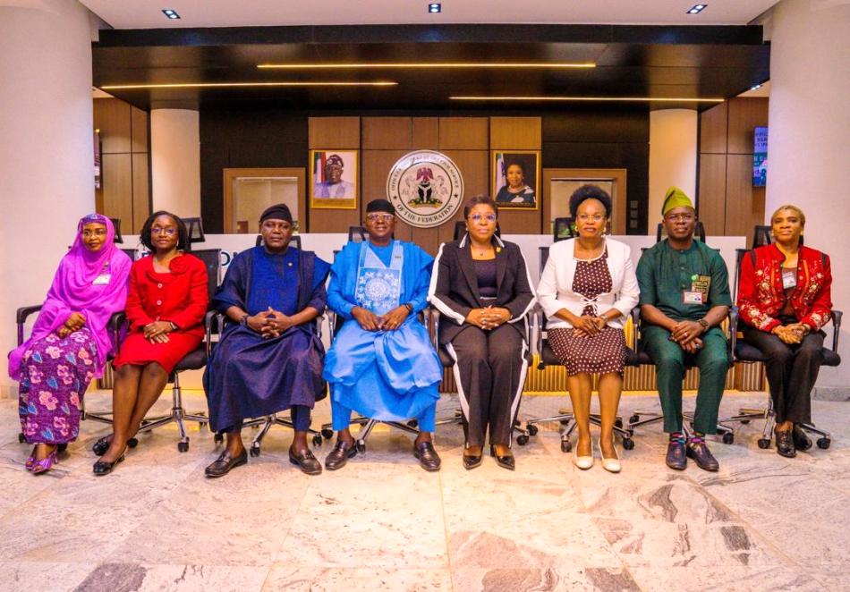 The Head of the Civil Service of the Federation, Dr. (Mrs.) Didi Esther Walson-Jack (4th R); the Honourable Minister of Water Resources and Sanitation, Engr. Prof. Joseph Terlumun Utsev (4th L); the Permanent Secretary of the Federal Ministry of Water Resources and Sanitation, Mr. Richard Pheelangwah (3rd L); and Permanent Secretaries of the OHCSF in a group photograph during the Advocacy Visit