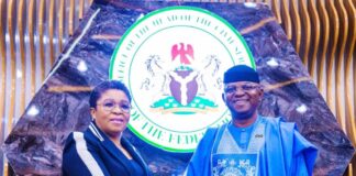 L–R: The Head of the Civil Service of the Federation, Dr. (Mrs.) Didi Esther Walson-Jack, OON, mni, and the Honourable Minister of Water Resources and Sanitation, Engr. Prof. Joseph Terlumun Utsev, FNSE, in a warm handshake during the advocacy visit on Clean Nigeria: Use the Toilet Campaign at the Office of the Head of the Civil Service of the Federation in Abuja on Tuesday, 5th August 2025.