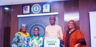 Chairman, National Sports Commission, Mallam Shehu Dikko, (middle) flanked to his left by the Head of FEAD, Mrs. Nbora Ikanna and to his right by World Para-Badminton Champion, Eniola Abolaji and the Director, National Sports Festival and Para Sports, Mrs Tecla Opara, during a courtesy visit to the Chairman in his office on Friday.
