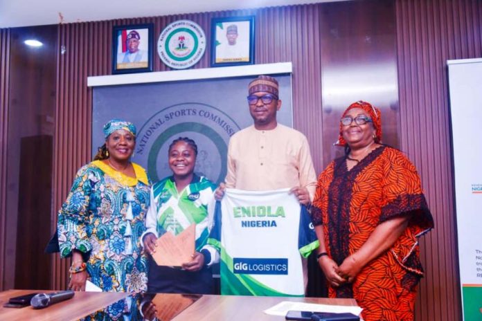 NSC Chairman Chairman, National Sports Commission, Mallam Shehu Dikko, (middle) flanked to his left by the Head of FEAD, Mrs. Nbora Ikanna and to his right by World Para-Badminton Champion, Eniola Abolaji and the Director, National Sports Festival and Para Sports, Mrs Tecla Opara, during a courtesy visit to the Chairman in his office on Friday.