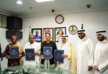 L-R 1. Permanent Secretary Federal Ministry of Finance Mrs Lydia Shehu Jafiya mni 2. The Executive Governor of Kaduna State, Senator Uba Sani CON 3. The Honourable Minister of State for Finance Dr Doris Uzoka-Anite, CFA 4. The Director General Kuwait Fund for Arab Economic Development Dr Wahid Al-Bahar and 5. The Permanent Secretary Special Duties of the Federal Ministry of Finance Mr Raymond Omenka Omachi, in a group photograph shortly after the signing of the concessional loan agreement between Kaduna State and Kuwait Fund for Arab Economic Development held at the Federal Ministry of Finance, Abuja Nigeria, today