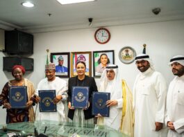 L-R 1. Permanent Secretary Federal Ministry of Finance Mrs Lydia Shehu Jafiya mni 2. The Executive Governor of Kaduna State, Senator Uba Sani CON 3. The Honourable Minister of State for Finance Dr Doris Uzoka-Anite, CFA 4. The Director General Kuwait Fund for Arab Economic Development Dr Wahid Al-Bahar and 5. The Permanent Secretary Special Duties of the Federal Ministry of Finance Mr Raymond Omenka Omachi, in a group photograph shortly after the signing of the concessional loan agreement between Kaduna State and Kuwait Fund for Arab Economic Development held at the Federal Ministry of Finance, Abuja Nigeria, today