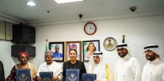 L-R 1. Permanent Secretary Federal Ministry of Finance Mrs Lydia Shehu Jafiya mni 2. The Executive Governor of Kaduna State, Senator Uba Sani CON 3. The Honourable Minister of State for Finance Dr Doris Uzoka-Anite, CFA 4. The Director General Kuwait Fund for Arab Economic Development Dr Wahid Al-Bahar and 5. The Permanent Secretary Special Duties of the Federal Ministry of Finance Mr Raymond Omenka Omachi, in a group photograph shortly after the signing of the concessional loan agreement between Kaduna State and Kuwait Fund for Arab Economic Development held at the Federal Ministry of Finance, Abuja Nigeria, today